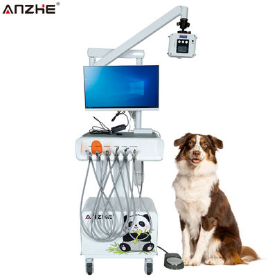 Przenośny weterynaryjny unit stomatologiczny z aparatem RTG, cyfrowym sensorem HD, kamerą wewnątrzustną, komputerem z ekranem dotykowym i kompresorem powietrza do klinik stomatologii zwierząt